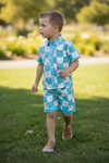 Blue & white checkered western printed boys two piece set. OFB50856 JEAN