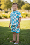 Blue & white checkered western printed boys two piece set. OFB50856 JEAN