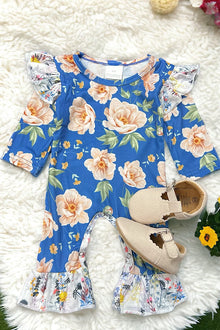  Peony printed on blue baby romper with ruffle. tt-2023 WENDY
