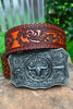 DEMASK STENCIL PRINT ON RED TONE BELT WITH LONGHORN ARROWN BUCKLE. BELT-2021