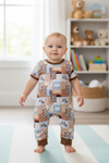 Wild west cowboy" Multi printed patch baby romper with snaps. SR100105-SOL