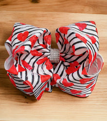  6.5" Red heart & stripe printed double layer hair bows with rhinestones.(4pcs/$10.00) BW-DSG-953