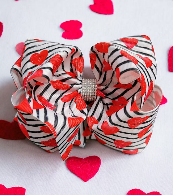 6.5" Red heart & stripe printed double layer hair bows with rhinestones.(4pcs/$10.00) BW-DSG-953