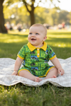 Green tractor printed boys baby romper. SR100109-AMY