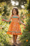 Orange ditsy floral w/mauve green ruffle trim smock dress. DRG60499 SOL
