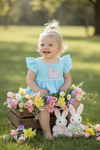 Gingham easter bunny applique on blue bodysuit. RPG60589 AMY