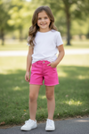 Fuchsia denim shorts w/pockets & distressed hem. PNG25133064 AMY