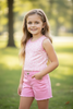 Lt. Pink denim short with distressed hem. PNG25133062 SOL