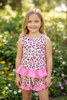 Multi-color cheetah printed tunic with pink ruffle and matching shorts. GSSO112706-AMY
