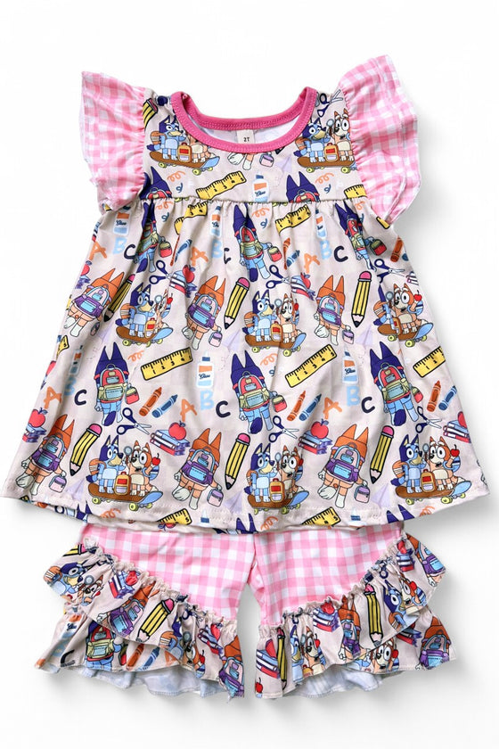 Back to school gingham short set. (Blu*y printed girls set. GSSO121104-AMY