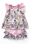 Back to school gingham short set. (Blu*y printed girls set. GSSO121104-AMY