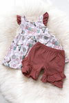 Mama's girl bull skull printed tunic & maroon shorts. GSSO010202-JEAN