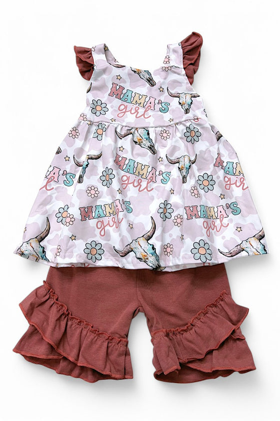 Mama's girl bull skull printed tunic & maroon shorts. GSSO010202-JEAN