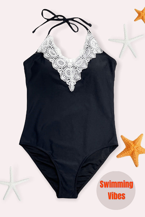 GIRLS/ BLACK HALTER SWIMSUIT WITH EMBROIDERED DETAIL. XH-982145-JEANN