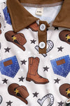Cowboy boot & hat printed jumpsuit with brown trim. SR101303-LOI