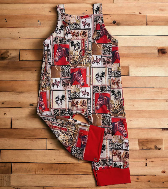 Hose printed jumpsuit with red trim. SR101301-AMY