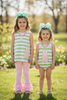 Green & white stripe tunic w/Easter bunny applique & pink ruffle bottoms. OFG60154 AMY