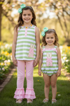 Easter bunny applique & Green / white stripe printed baby bodysuit. RPG60156 JEAN
