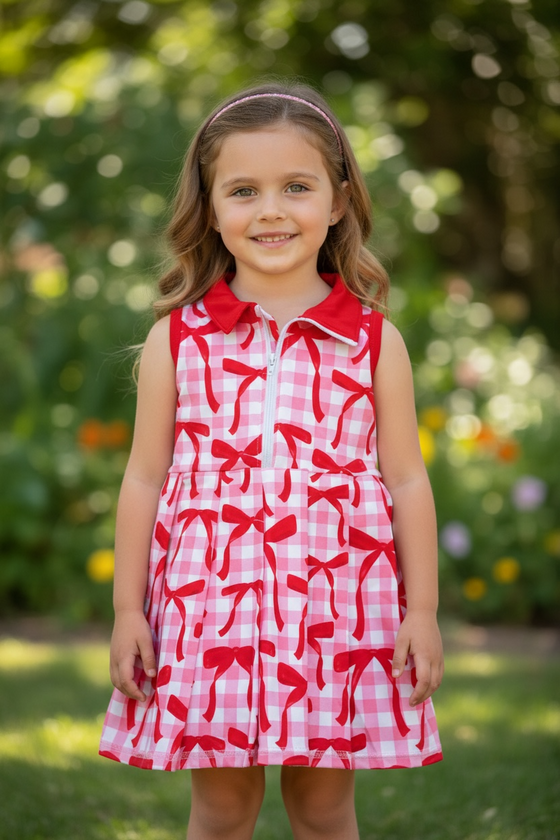 Red Coquette Bow & Pink Gingham Active Wear Dress W/Undershorts with Snaps. GSD102302-JEAN 3T