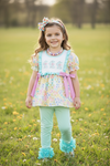 Floral Easter bunny applique tunic & aqua leggings. OFG60224 JEAN