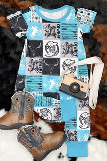  Cowboy / multi-printed baby romper with snaps. SR110108-AMY
