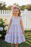 Blue & white Gingham w/ pink easter bunny printed tiered dress.GSD101508-JEAN