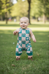 Gone fishing, green multi-printed patch baby romper with snaps. SR110612-JEAN