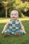Gone fishing, green multi-printed patch baby romper with snaps. SR110612-JEAN