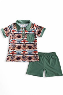  Boys Aztec highland cow printed shirt & green shorts. BSSO112304-AMY