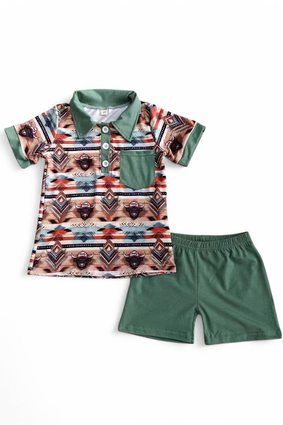 Boys Aztec highland cow printed shirt & green shorts. BSSO112304-AMY