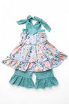 Floral printed ruffle tunic & teal shorts. GSSO103102-SOL