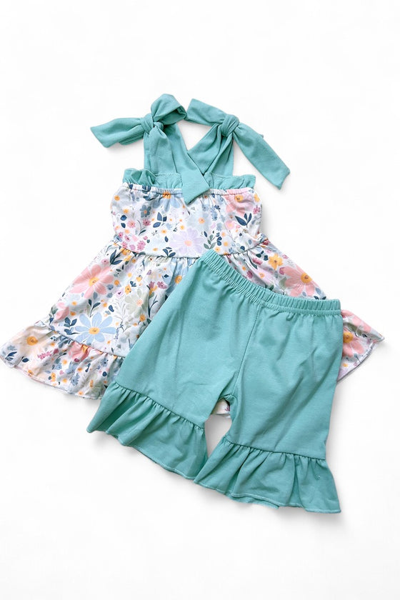 Floral printed ruffle tunic & teal shorts. GSSO103102-SOL