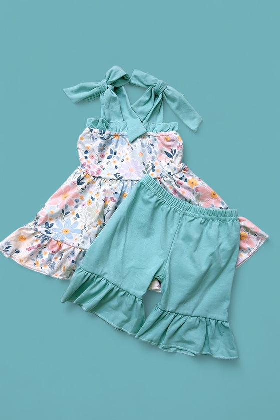 Floral printed ruffle tunic & teal shorts. GSSO103102-SOL