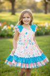 🌸 Easter printed dress w/turquoise contrast ruffle trim. DRG20114006 AMY