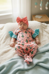 Coral western printed baby gown w/turquoise ruffle sleeves. PJG251123001-jean