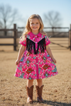 Fuchsia western printed girls button up dress. GSD112707-AMY