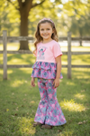 My first Rodeo" Checker bull skull & concho printed ruffle top & bell bottoms. OFG60707 JEAN