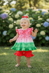Watermelon tie dye tunic with ruffle sleeves and red shorts. OFG60281 AMY