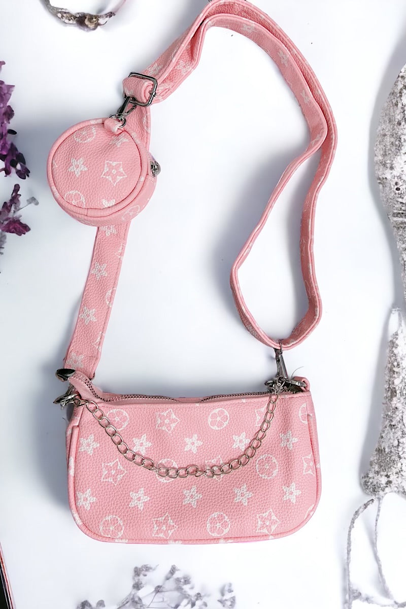 White w/Pink Star Printed Crossbody Purse. BBG60152005 M