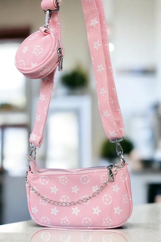 White w/Pink Star Printed Crossbody Purse. BBG60152005 M