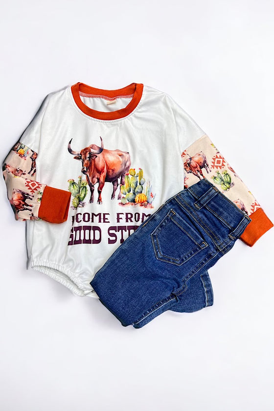 I come from good stock" longhorn cow printed boys baby onesie. LR050401-MARIA