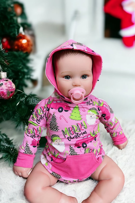 Santa printed on pink baby romper w/ hoodie. LR050404-amy