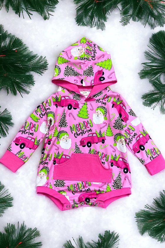 Santa printed on pink baby romper w/ hoodie. LR050404-amy
