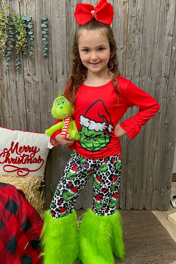 Character printed red top & cheetah pants w/furr. FRE-JEANN