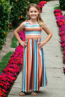  Turquoise & orange serape printed maxi dress. DRG25153289-LOI