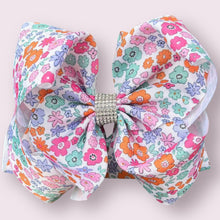  Multi Floral printed double layer rhinestone hair bows. BW-DSG-B19