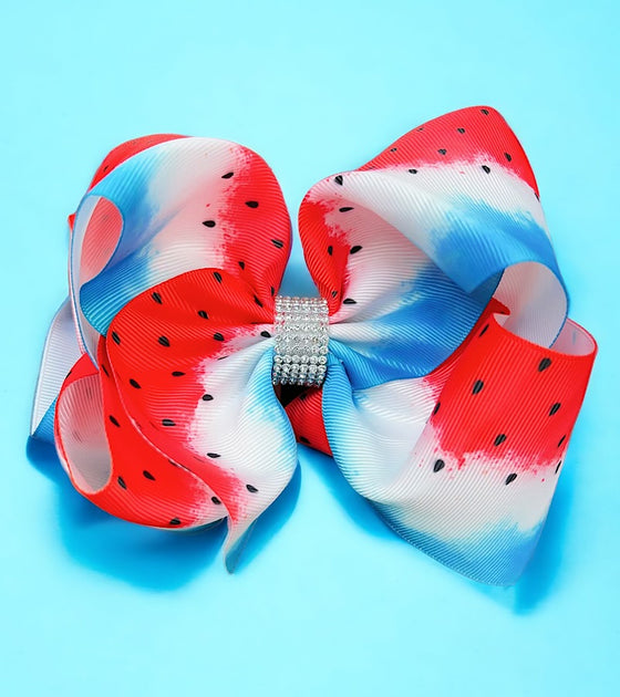 watermelon /blue printed double layer hair bows. (6.5"wide 4pcs/$10.00)BW-DSG-855