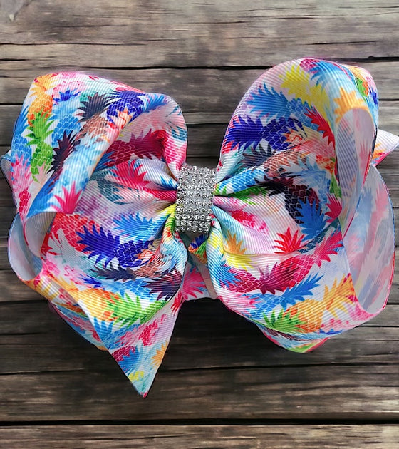 Multi color pineapple printed double layer hair bows. (6.5"wide 4pcs/$10.00)BW-DSG-857