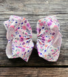 Lilac floral printed double layer hair bows. (6.5"wide 4pcs/$10.00)BW-DSG-859