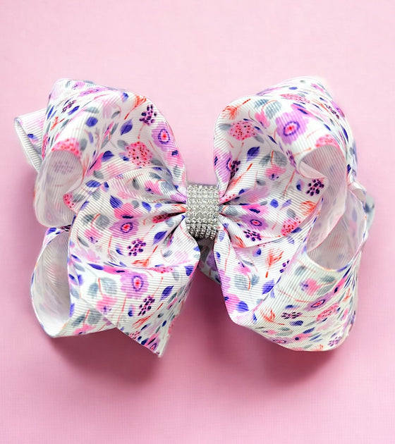 Lilac floral printed double layer hair bows. (6.5"wide 4pcs/$10.00)BW-DSG-859